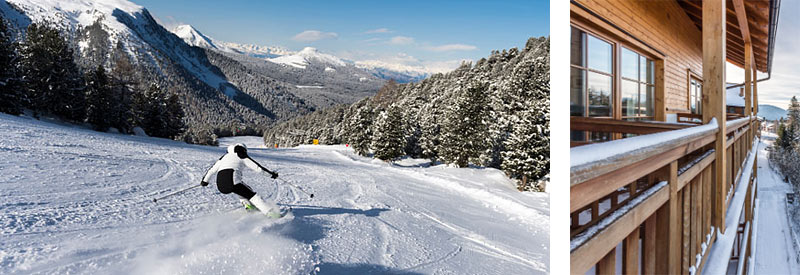 Abfahrt auf der Skipiste im Dolomiten Skigebiet Eggental und Ausblick vom Hotelbalkon.
